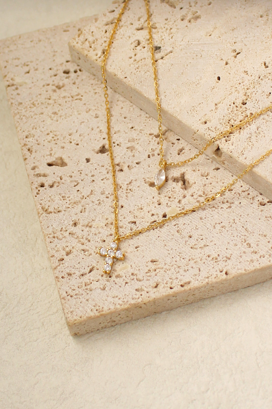 Drop & Cross Diamond Pendant Layered Necklace - Kira LaLa